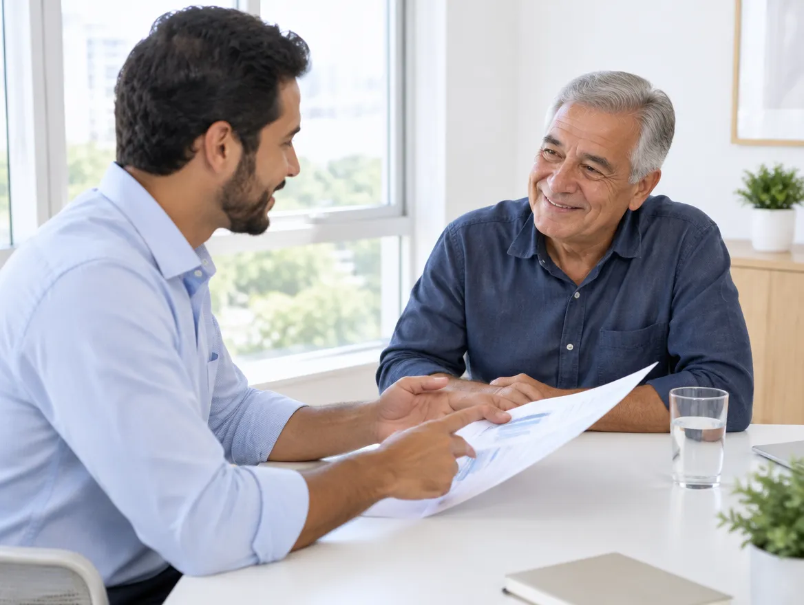 Consultor explicando um documento a um senhor sorridente