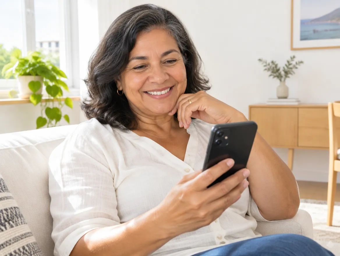 Mulher sorrindo enquanto lê uma mensagem no celular